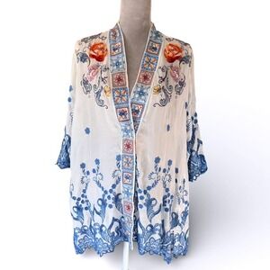 Johnny Was Selina Kimono S White Blue Floral Embroidered Eyelet Lace Open Front